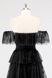Robe formelle à plusieurs niveaux à col carré noir A Line