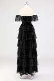 Robe formelle à plusieurs niveaux à col carré noir A Line