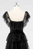 Robe formelle à plusieurs niveaux à col carré noir A Line