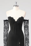 Robe formelle en dentelle à épaules longues corset fourreau noir à manches longues