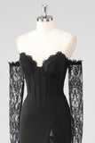 Robe formelle en dentelle à épaules longues corset fourreau noir à manches longues