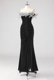 Robe formelle plissée sans bretelles sirène noire avec fleurs 3D