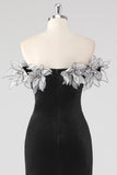 Robe formelle plissée sans bretelles sirène noire avec fleurs 3D