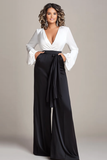 Blanc et noir Robe longue en satin à col en V profond Chemises Mère de la mariée