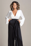 Blanc et noir Robe longue en satin à col en V profond Chemises Mère de la mariée