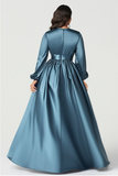 Robe de mère de mariée en satin gris bleu col V à manches longues