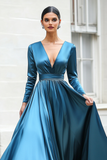 Bleu foncé trapèze col V manches longues robe de bal longue
