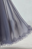 Robe de demoiselle d’honneur en mousseline de soie en dentelle bleu poussiéreux à manches courtes