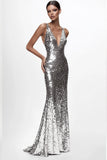 Robe formelle sirène à paillettes à col en V argenté scintillant