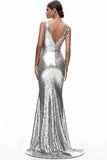 Robe formelle sirène à paillettes à col en V argenté scintillant