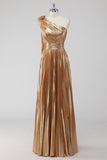 Robe formelle a-trapèze métallisée asymétrique dorée dorée