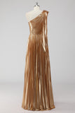 Robe formelle a-trapèze métallisée asymétrique dorée dorée