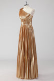 Robe formelle a-trapèze métallisée asymétrique dorée dorée