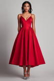 Robe formelle en satin rouge A-ligne longueur thé