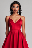 Robe formelle en satin rouge A-ligne longueur thé