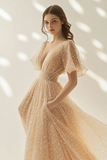 Abricot Une ligne Tulle Col V Robe longue formelle
