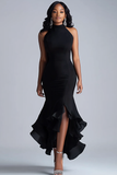 Robe de gala longue à col licou sirène à volants noirs avec fente