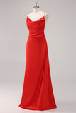 Robe formelle fourreau à bretelles spaghetti en satin rouge