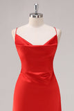 Robe formelle fourreau à bretelles spaghetti en satin rouge