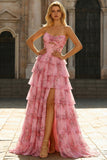 Robe de bal florale A-line, sans bretelles à volants, à volants longs et fente à joues,