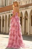 Robe de bal florale A-line, sans bretelles à volants, à volants longs et fente à joues,