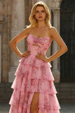 Robe de bal florale A-line, sans bretelles à volants, à volants longs et fente à joues,