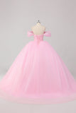 Robe de bal rose princesse à épaules dénudées en tulle perlé Quinceanera