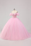 Robe de bal rose princesse à épaules dénudées en tulle perlé Quinceanera