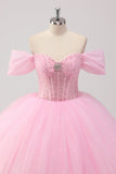 Robe de bal rose princesse à épaules dénudées en tulle perlé Quinceanera