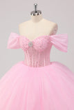Robe de bal rose princesse à épaules dénudées en tulle perlé Quinceanera
