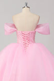 Robe de bal rose princesse à épaules dénudées en tulle perlé Quinceanera