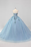 Princesse Robe bustier bleu sans bretelles en tulle Quinceanera avec appliques
