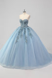 Princesse Robe bustier bleu sans bretelles en tulle Quinceanera avec appliques
