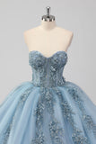 Princesse Robe bustier bleu sans bretelles en tulle Quinceanera avec appliques