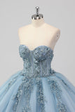 Princesse Robe bustier bleu sans bretelles en tulle Quinceanera avec appliques