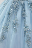 Princesse Robe bustier bleu sans bretelles en tulle Quinceanera avec appliques