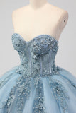 Princesse Robe bustier bleu sans bretelles en tulle Quinceanera avec appliques