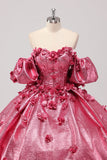Princesse Robe de Bal Fuchsia Épaules Dénudées Manches Bouffantes Quinceanera Robe avec Fleurs 3D