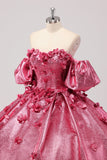 Princesse Robe de Bal Fuchsia Épaules Dénudées Manches Bouffantes Quinceanera Robe avec Fleurs 3D