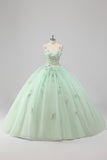 Princesse Robe de Bal Verte Spaghetti Bretelles Tulle Quinceanera Robe avec Appliques de Fleurs 3D