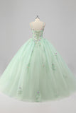 Princesse Robe de Bal Verte Spaghetti Bretelles Tulle Quinceanera Robe avec Appliques de Fleurs 3D