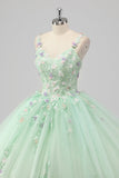 Princesse Robe de Bal Verte Spaghetti Bretelles Tulle Quinceanera Robe avec Appliques de Fleurs 3D