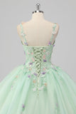 Princesse Robe de Bal Verte Spaghetti Bretelles Tulle Quinceanera Robe avec Appliques de Fleurs 3D
