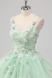 Princesse Robe de Bal Verte Spaghetti Bretelles Tulle Quinceanera Robe avec Appliques de Fleurs 3D