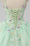 Princesse Robe de Bal Verte Spaghetti Bretelles Tulle Quinceanera Robe avec Appliques de Fleurs 3D
