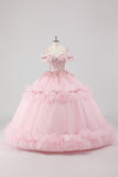 Robe de bal princesse blush épaules dénudées à volants Tulle Quinceanera Robe avec broderie à paillettes