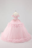 Robe de bal princesse blush épaules dénudées à volants Tulle Quinceanera Robe avec broderie à paillettes