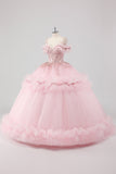 Robe de bal princesse blush épaules dénudées à volants Tulle Quinceanera Robe avec broderie à paillettes