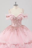 Robe de bal princesse blush épaules dénudées à volants Tulle Quinceanera Robe avec broderie à paillettes