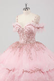 Robe de bal princesse blush épaules dénudées à volants Tulle Quinceanera Robe avec broderie à paillettes